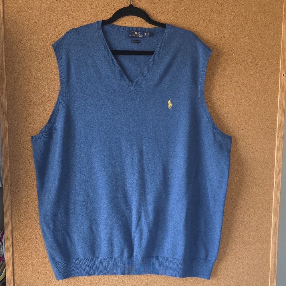 Pima Cotton Polo by Ralph Lauren Men's V-Neck Blue Preppy Golf Sweater Vest 2XLT